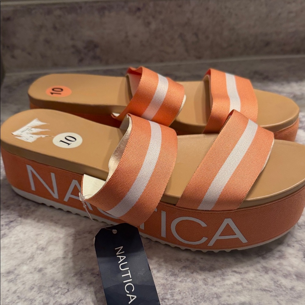 Nautica Orange and Cream Striped Platform Slide Sandals. Size 10. Bellana.